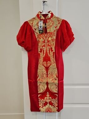NWT Red and Gold Brocade Dress with Puff Sleeves